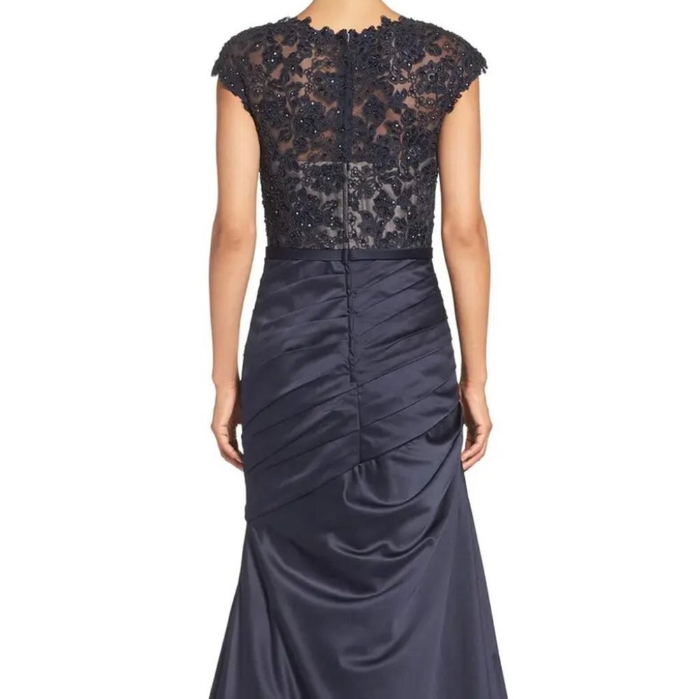 La Femme Navy Blue Embellished Lace & Satin Trumpet Gown - Picture 3 of 7
